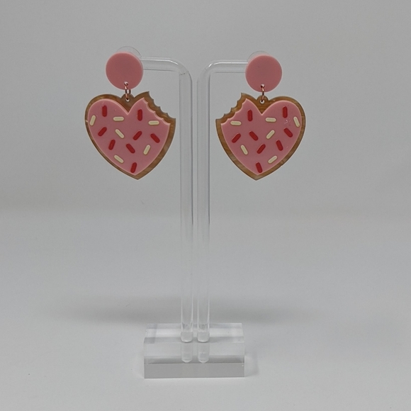 Valentine's Day Pink Cookie with Bite Taken Out Acrylic Drop Earrings - Picture 2 of 6